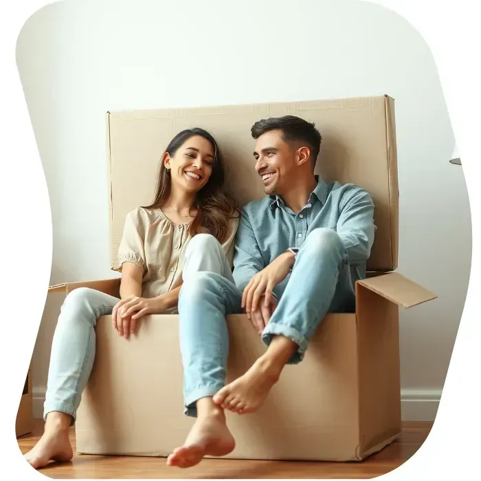 Two guys sitting on the floor of their apartment with Muval moving boxes